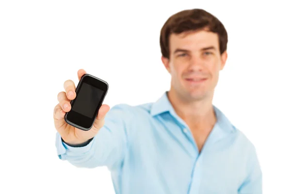 Человек показывает сенсорный экран мобильного телефона — стоковое фото