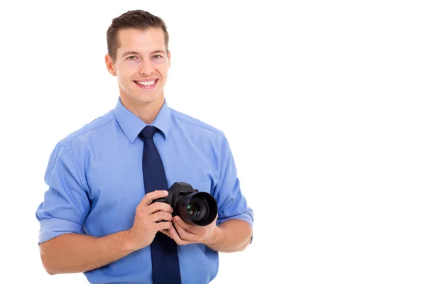 Jovem fotógrafo sobre fundo branco — Fotografia de Stock