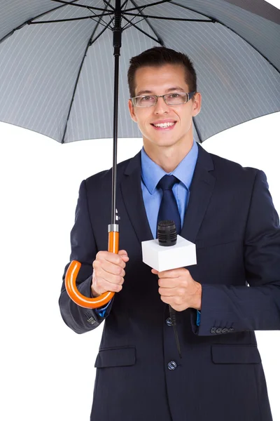 Meteo giornalista con ombrello — Foto Stock