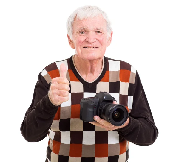 Senior fotograf ger tummen upp — Stockfoto