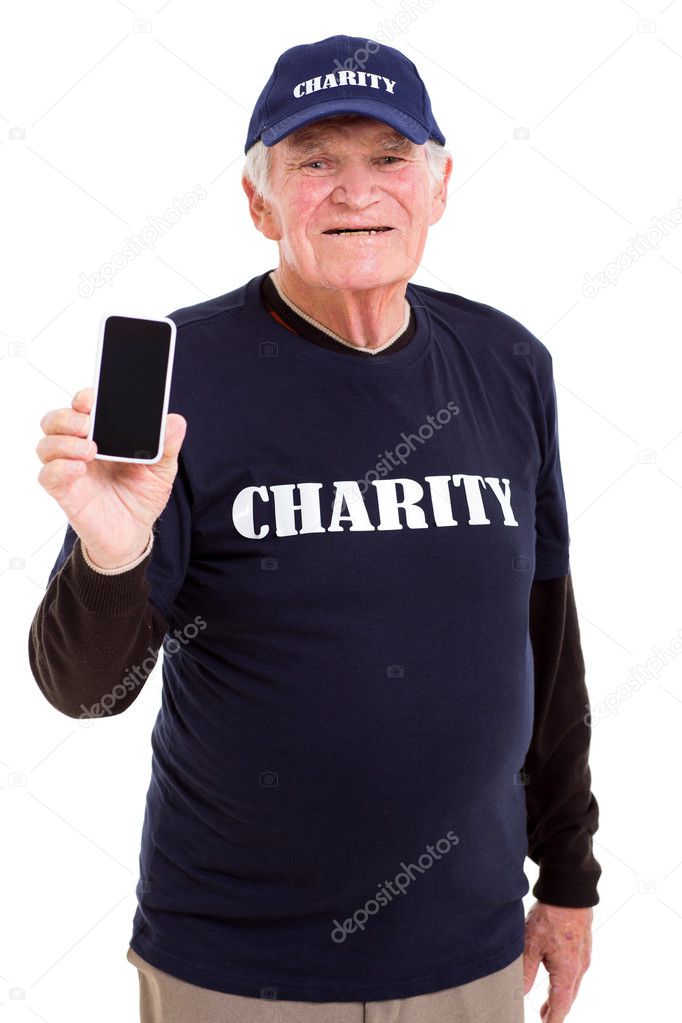 senior volunteer holding smart phone