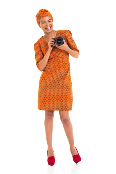 African female photographer holding a camera — Stock Photo, Image