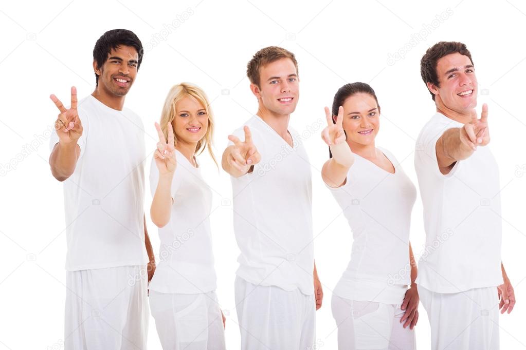 group of friends showing peace hand sign