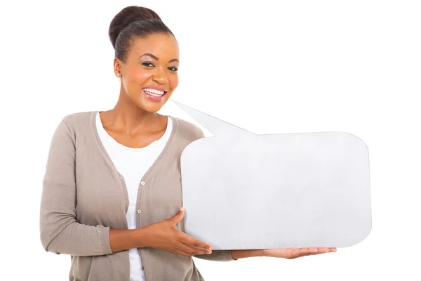 African woman holding speech bubble — Stock Photo, Image