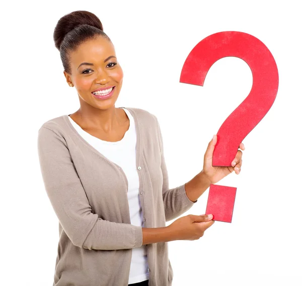 Afro american woman holding question mark — Stock Photo, Image