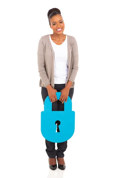 Young african woman holding security padlock — Stock Photo, Image