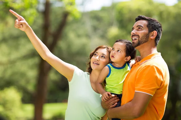 Young indian family bird watching outdoors — Stock Photo, Image