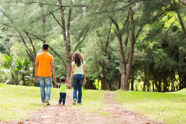 Семья держась за руки ходить в лесу — стоковое фото
