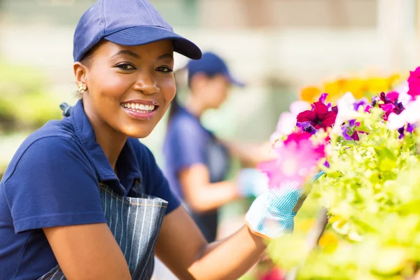Afrikanische Floristin arbeitet in Gärtnerei — Stockfoto