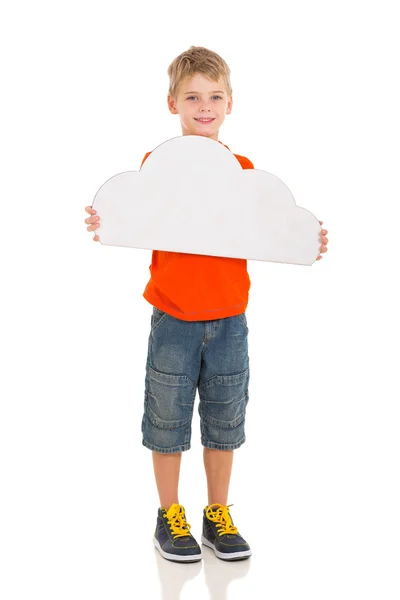 Jovem menino segurando branco papel nuvem — Fotografia de Stock