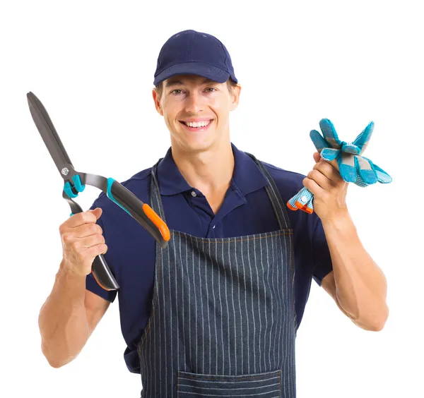 Tuinman holding handschoenen en tuin schaar — Stockfoto