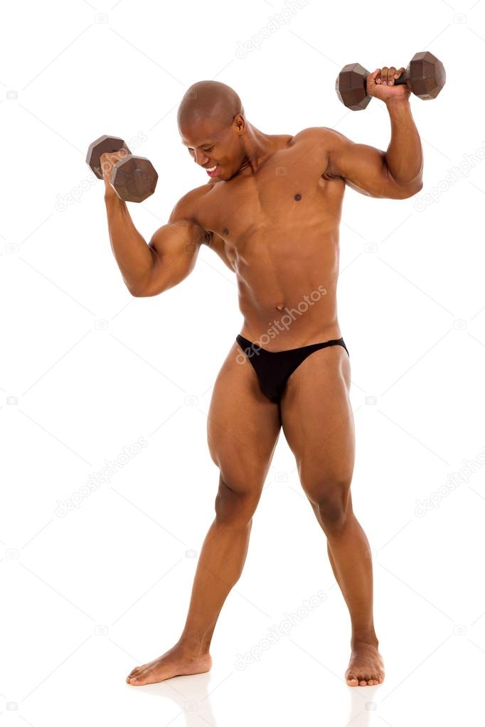 black bodybuilder training with dumbbells