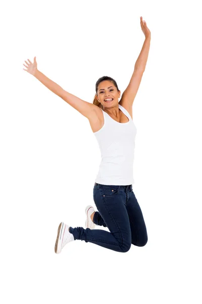 Aufgeregte junge Frau springt — Stockfoto