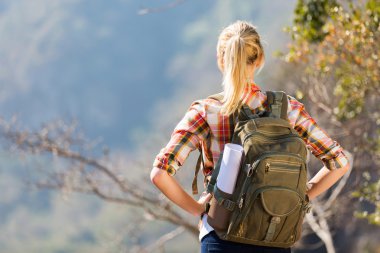 Genç hiker dağın zirvesinde