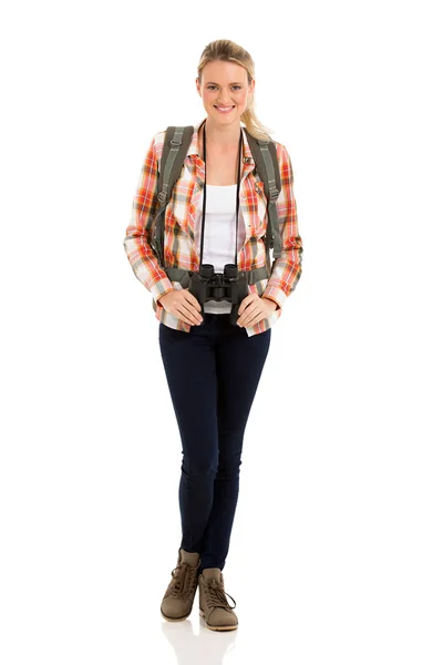 Female tourist holding binoculars — Stock Photo, Image