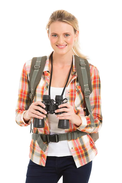 Female hiker holding binoculars — Stock Photo, Image