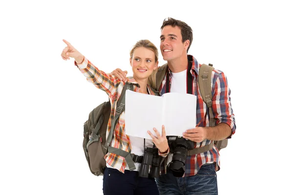 Couple with backpacks and map — Stock Photo, Image