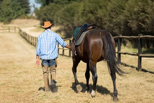 Cowboy promenader med sin häst — Stockfoto