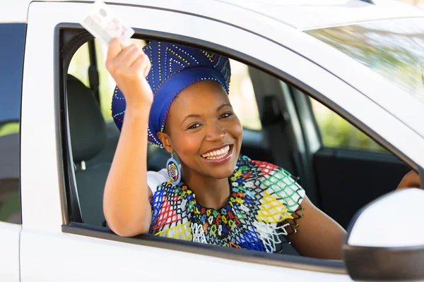 Woman holding driving license — Stock Photo, Image