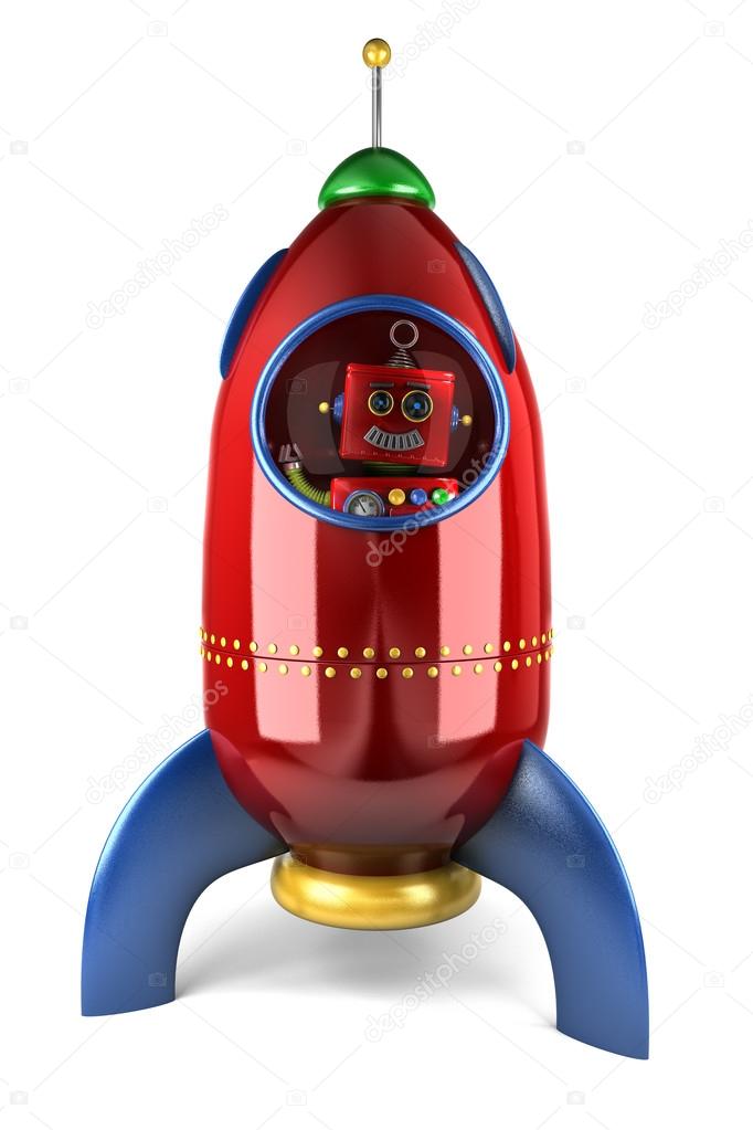 Happy robot in rocket