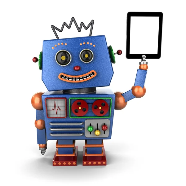 태블릿 Pc와 빈티지 장난감 로봇 — 스톡 사진