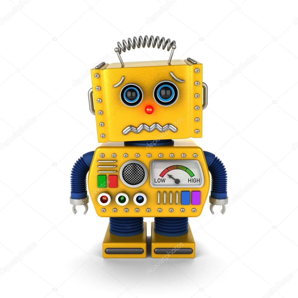 Cute vintage toy robot about to cry