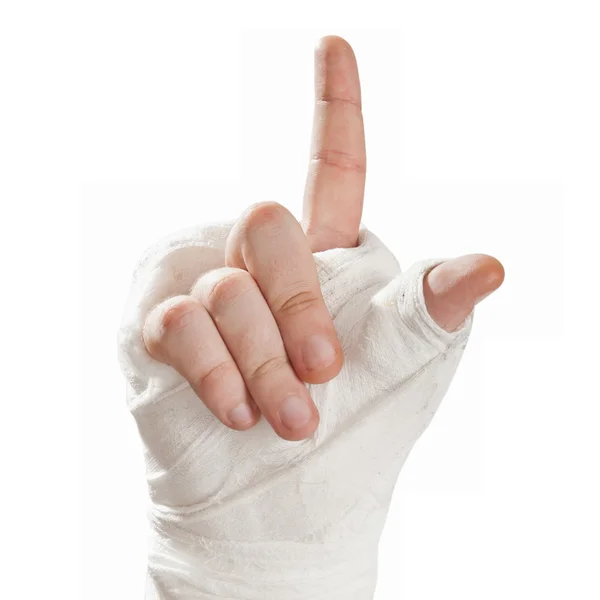 Broken arm in a cast. Finger pointing up — Stock Photo, Image