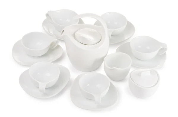 Zestaw do herbaty, zestaw sześciu filiżanek, czajnik, CUKIERNICA i mleka — Zdjęcie stockowe