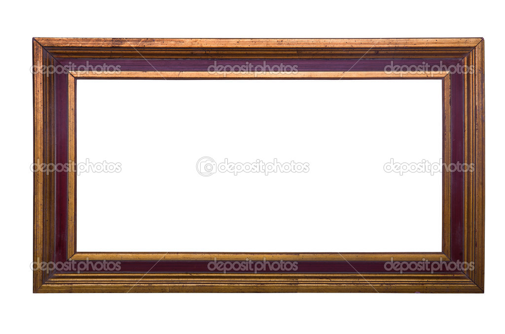 Old wooden brown frame with golden stripes
