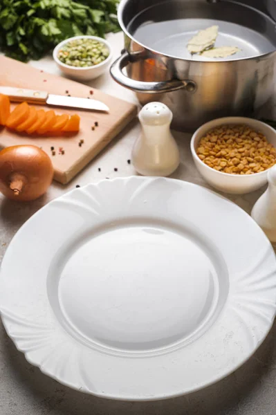 Soup Preparation White Plate Ingredients Homemade Food — Stock Photo, Image