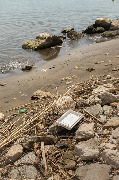 Zagrożenie Dla Środowiska Zanieczyszczenie Oceanów Plastikiem Odpadami Brudna Plaża Śmietniku — Zdjęcie stockowe