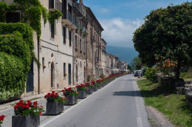 Güney İtalya 'da ortaçağ caddesi. Paestum şehri. Kırmızı sardunyaları olan güneşli güzel bir cadde.