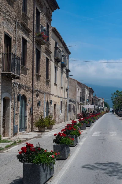 Güney İtalya 'da ortaçağ caddesi. Paestum şehri. Kırmızı sardunyaları olan güneşli güzel bir cadde.