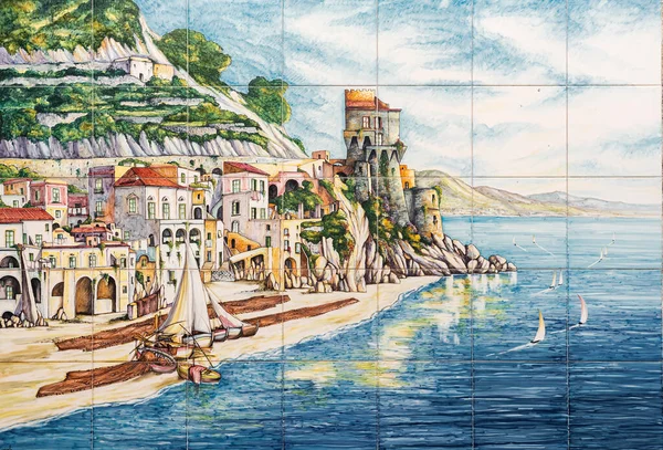 Traditionellt Målade Italienska Keramik Amalfikusten Panorama Landskap Liten Cetara — Stockfoto