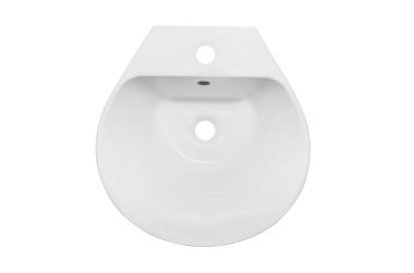 Beyaz arka planda izole edilmiş, yuvarlak şekilli beyaz banyo için modern seramik lavabo
