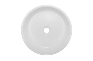 Beyaz arka planda izole edilmiş, yuvarlak şekilli beyaz banyo için modern seramik lavabo