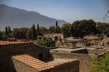 Pompei Arkeoloji Parkı, İtalya 'nın güneyindeki Vesuvius civarında büyük bir kazı alanı. Lav altında trajik bir şekilde yok olan antik bir şehir. Eski şehrin sokakları. Avrupa 'nın tarihi yerlerinde yürür