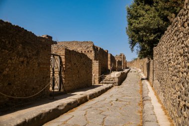 Archaeological Park of Pompeii, a huge excavation area in the vicinity of Vesuvius in southern Italy. An ancient city that tragically perished under lava. Streets of the old city. Walks in the historical places of Europe