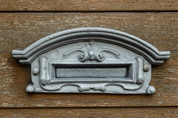 Old Silver Metal Mailbox Shabby Wooden Door Somewhere Italy — Zdjęcie stockowe