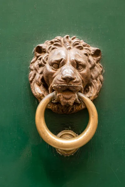 Старовинні Металеві Дверні Ручки Золотистого Кольору Стукіт Гонг Зелених Дверях — стокове фото
