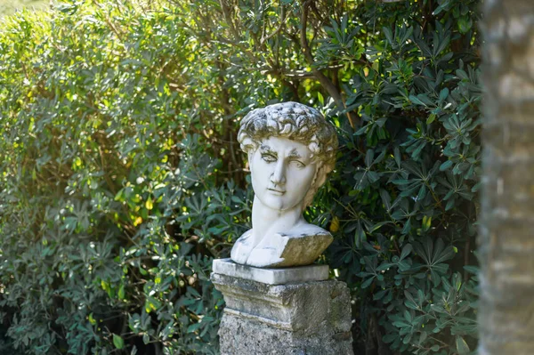 Garden sculpture - a male head (bust) of a Roman statue in a summer garden