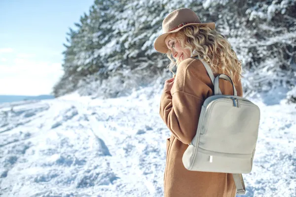 La mujer viaja en invierno. Hermosa chica en el invierno en la naturaleza. — Foto de Stock