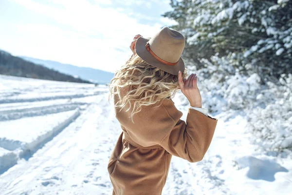 Mulher viaja no inverno. Menina bonita no inverno na natureza. — Fotografia de Stock