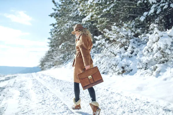 Mulher viaja no inverno. Menina bonita no inverno na natureza. — Fotografia de Stock