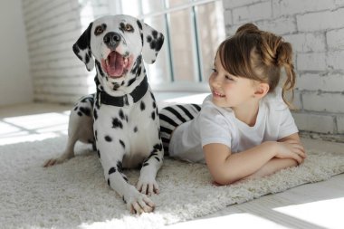 Köpekli bir çocuk. Mutlu bir kız Dalmaçyalı bir köpekle halıda yatıyor..