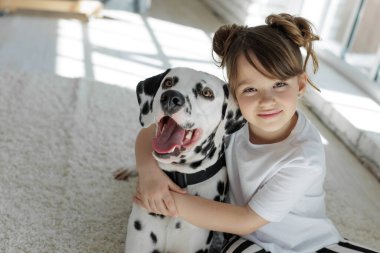 Köpekli bir çocuk. Mutlu bir kız Dalmaçyalı bir köpekle halıda yatıyor..