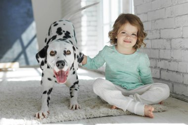 Köpekli bir çocuk. Mutlu bir kız Dalmaçyalı bir köpekle halıda yatıyor..