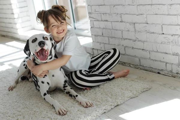 Köpekli bir çocuk. Mutlu bir kız Dalmaçyalı bir köpekle halıda yatıyor..