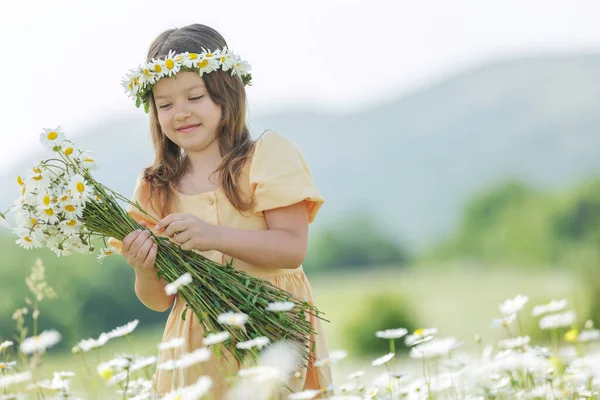 Szczęśliwa Dziewczyna Polu Kwiatami Wysokiej Jakości Zdjęcie — Zdjęcie stockowe