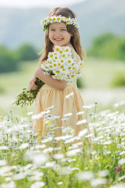 Щаслива Дівчина Полі Квітами Високоякісна Фотографія — стокове фото